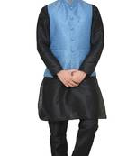 MAG Men's Black Matching Silk Kurta Churidhar With Banarsi Sky Blue Waistcoat