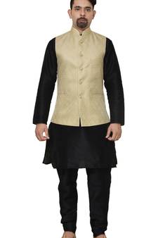 MAG Men's Black Matching Silk Kurta Churidhar With New Gold Waistcoat