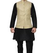 MAG Men's Black Matching Silk Kurta Churidhar With New Gold Waistcoat