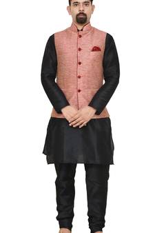 MAG Men's Black Matching Silk Kurta Churidhar With Pink Waistcoat