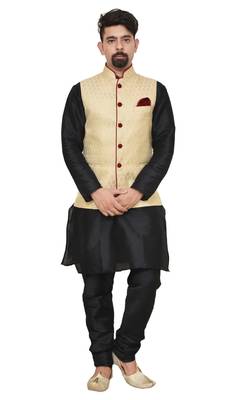 MAG Men's Black Matching Silk Kurta Churidhar With Gold Waistcoat 1
