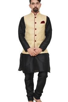 MAG Men's Black Matching Silk Kurta Churidhar With Gold Waistcoat