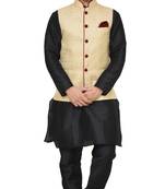 MAG Men's Black Matching Silk Kurta Churidhar With Gold Waistcoat