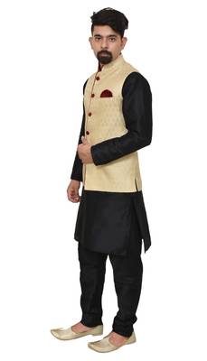 MAG Men's Black Matching Silk Kurta Churidhar With Gold Waistcoat 2