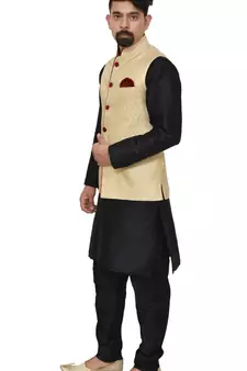 MAG Men's Black Matching Silk Kurta Churidhar With Gold Waistcoat
