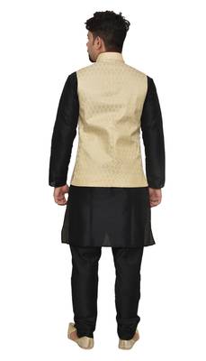MAG Men's Black Matching Silk Kurta Churidhar With Gold Waistcoat 3
