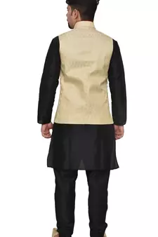 MAG Men's Black Matching Silk Kurta Churidhar With Gold Waistcoat