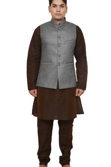 MAG Men's Brown Matching Silk Kurta Churidhar With Gray 1st Joot Waistcoat