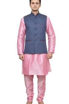 MAG Men's Pink Matching Silk Kurta Churidhar With Blue Joot Waistcoat