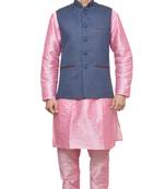 MAG Men's Pink Matching Silk Kurta Churidhar With Blue Joot Waistcoat