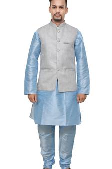 MAG Men's Sky Blue Matching Silk Kurta Churidhar With Gray Joot Waistcoat