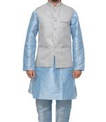 MAG Men's Sky Blue Matching Silk Kurta Churidhar With Gray Joot Waistcoat