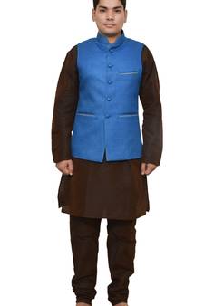 MAG Men's Brown Matching Silk Kurta Churidhar With Sky Blue Joot Waistcoat