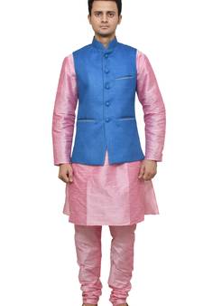 MAG Men's Pink Matching Silk Kurta Churidhar With Sky Blue Joot Waistcoat