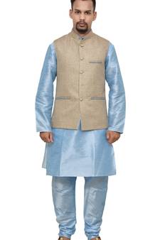 MAG Men's Sky Blue Matching Silk Kurta Churidhar With Coffee Colour Joot Waistcoat