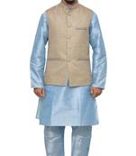 MAG Men's Sky Blue Matching Silk Kurta Churidhar With Coffee Colour Joot Waistcoat