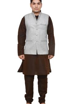 MAG Men's Brown Matching Silk Kurta Churidhar With Gray Joot Waistcoat
