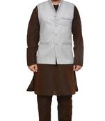 MAG Men's Brown Matching Silk Kurta Churidhar With Gray Joot Waistcoat