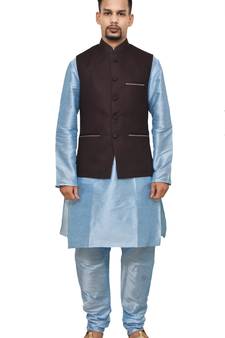 MAG Men's Sky Blue Matching Silk Kurta Churidhar With Pink Voilet Joot Waistcoat