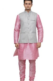MAG Men's Pink Matching Silk Kurta Churidhar With Gray Joot Waistcoat