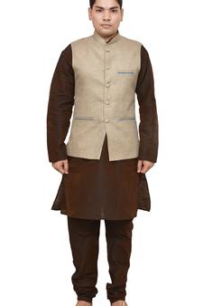 MAG Men's Brown Matching Silk Kurta Churidhar With Coffee Colour Joot Waistcoat