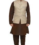 MAG Men's Brown Matching Silk Kurta Churidhar With Coffee Colour Joot Waistcoat