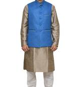 MAG Men's Copper Gold Silk Kurta White Churidhar With Sky Blue Joot Waistcoat