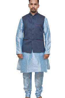 MAG Men's Sky Blue Matching Silk Kurta Churidhar With Nevy Blue Joot Waistcoat