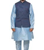 MAG Men's Sky Blue Matching Silk Kurta Churidhar With Nevy Blue Joot Waistcoat
