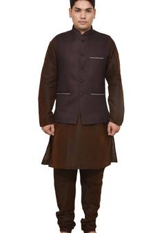 MAG Men's Brown Matching Silk Kurta Churidhar With Pink Voilet Joot Waistcoat
