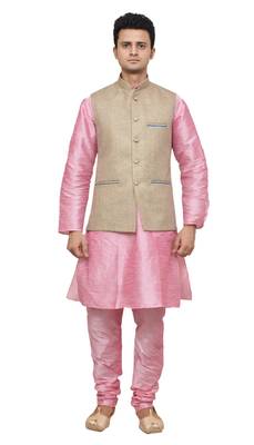 MAG Men's Pink Matching Silk Kurta Churidhar With Coffee Colour Joot Waistcoat 1
