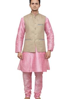MAG Men's Pink Matching Silk Kurta Churidhar With Coffee Colour Joot Waistcoat