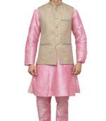 MAG Men's Pink Matching Silk Kurta Churidhar With Coffee Colour Joot Waistcoat