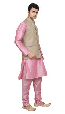 MAG Men's Pink Matching Silk Kurta Churidhar With Coffee Colour Joot Waistcoat 2