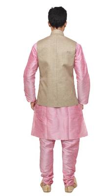 MAG Men's Pink Matching Silk Kurta Churidhar With Coffee Colour Joot Waistcoat 3