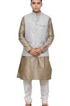 MAG Men's Copper Gold Silk Kurta White Churidhar With Gray Joot  Waistcoat