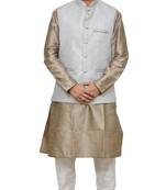 MAG Men's Copper Gold Silk Kurta White Churidhar With Gray Joot  Waistcoat