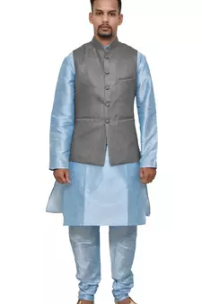 MAG Men's Sky Blue Matching Silk Kurta Churidhar With Gray 1st Joot  Waistcoat