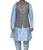 MAG Men's Sky Blue Matching Silk Kurta Churidhar With Gray 1st Joot  Waistcoat