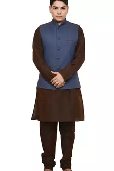 MAG Men's Brown Matching Silk Kurta Churidhar With Nevy Blue Joot Waistcoat