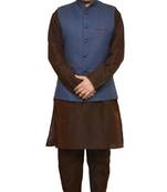 MAG Men's Brown Matching Silk Kurta Churidhar With Nevy Blue Joot Waistcoat