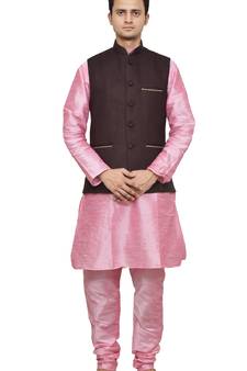 MAG Men's Pink Matching Silk Kurta Churidhar With Pink Voilet Joot Waistcoat