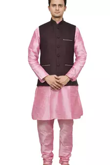 MAG Men's Pink Matching Silk Kurta Churidhar With Pink Voilet Joot Waistcoat