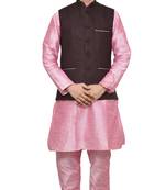 MAG Men's Pink Matching Silk Kurta Churidhar With Pink Voilet Joot Waistcoat