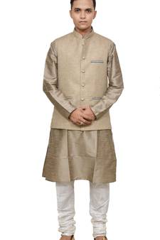 MAG Men's Copper Gold Silk Kurta White Churidhar With Coffee Colour Joot Waistcoat