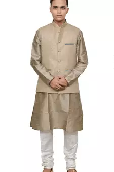MAG Men's Copper Gold Silk Kurta White Churidhar With Coffee Colour Joot Waistcoat