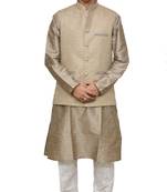 MAG Men's Copper Gold Silk Kurta White Churidhar With Coffee Colour Joot Waistcoat