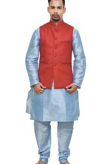 MAG Men's Sky Blue Matching Silk Kurta Churidhar With Red Joot Waistcoat