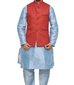 MAG Men's Sky Blue Matching Silk Kurta Churidhar With Red Joot Waistcoat
