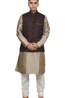 MAG Men's Copper Gold Silk Kurta White Churidhar With Pink Voilet Joot Waistcoat